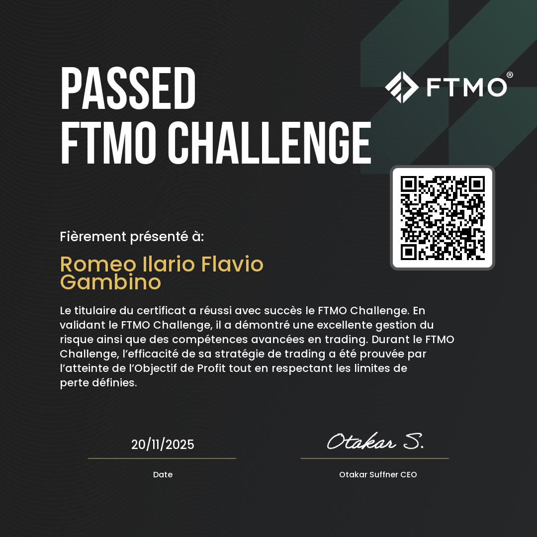 Passed FTMO Challenge certificate supplied by Roméo, dated 20 November 2025
