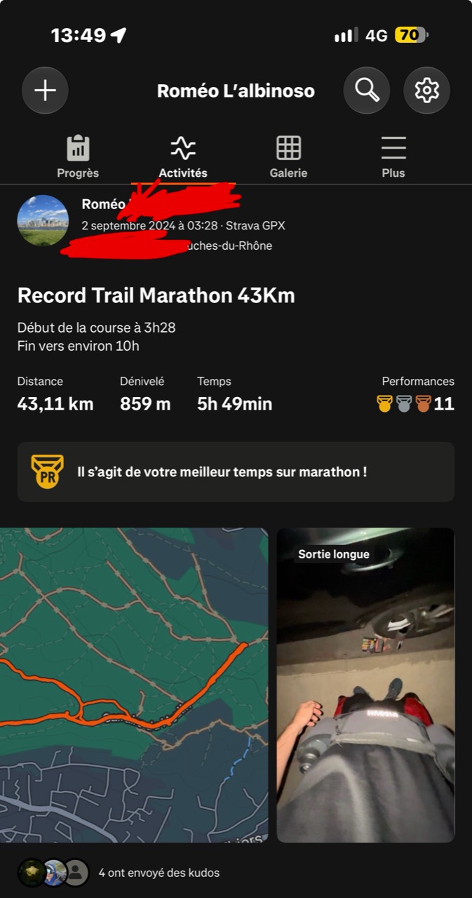 Strava screenshot supplied by Roméo: 43.11 kilometres, 859 metres elevation and 5 hours 49 on 2 September 2024